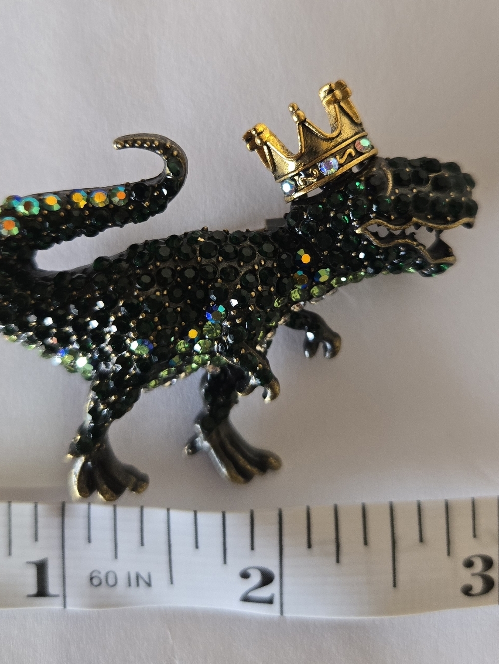Crowned Green Crystal T-Rex Brooch - Decorative Pin. - Picture 4 of 6